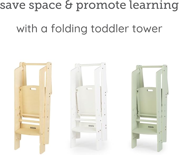 dadada Baby Foldable Montessori Tower - Adjustable Kitchen Step Stool for Kids with Safety Rail, Non-Toxic Finish, Great for Small Space Living (White)