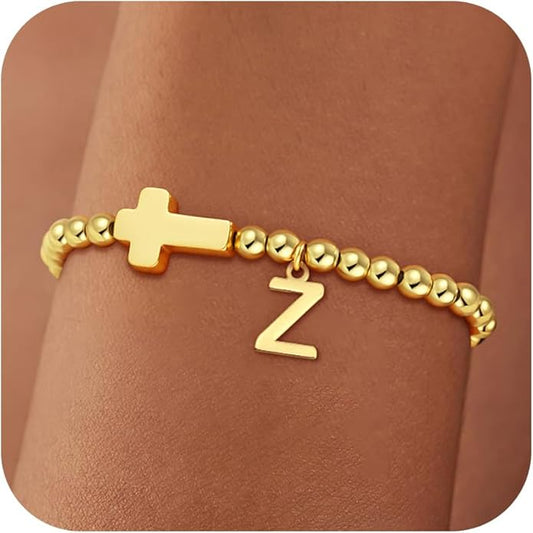 Gold Initial Bracelets for Women Girls - 18K Gold Plated Cross Initial Bracelet Dainty Beaded Bracelet Gold Bracelets for Women Teen Girl Gifts