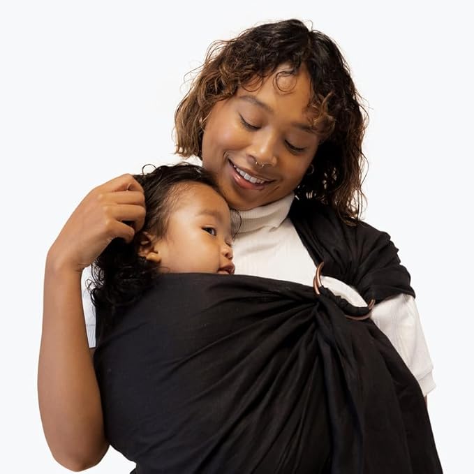 WildBird - Ring Sling Baby Carrier - Newborn to Up to 35 lbs - for Moms, Dads & Caregivers - 100% Natural European Linen Fibers - Versatile & Adjustable - 74” Size - Raven Fabric & Gold Ring