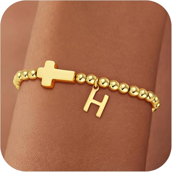 Gold Initial Bracelets for Women Girls - 18K Gold Plated Cross Initial Bracelet Dainty Beaded Bracelet Gold Bracelets for Women Teen Girl Gifts