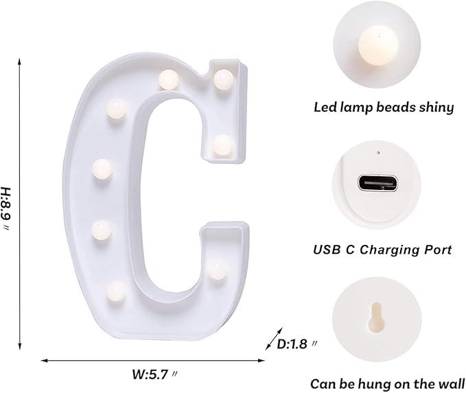 Foaky Rechargeable LED Letter Lights Sign Marquee Light Up Letters Sign for Night Light Wedding/Birthday Party Christmas Lamp Home Bar Decoration (C)