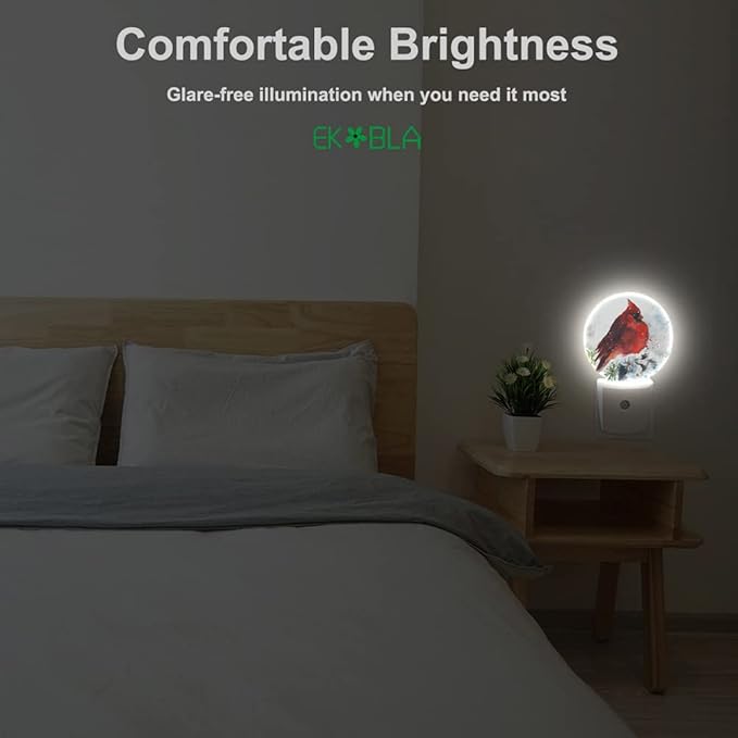 EKOBLA Watercolor Cardinal Night Light Winter Snow Red Bird on Branch Night Lights Plug into Wall Auto Sensor LED Plug-in Nightlights for Home Indoor Bedroom Kitchen Hallway Christmas