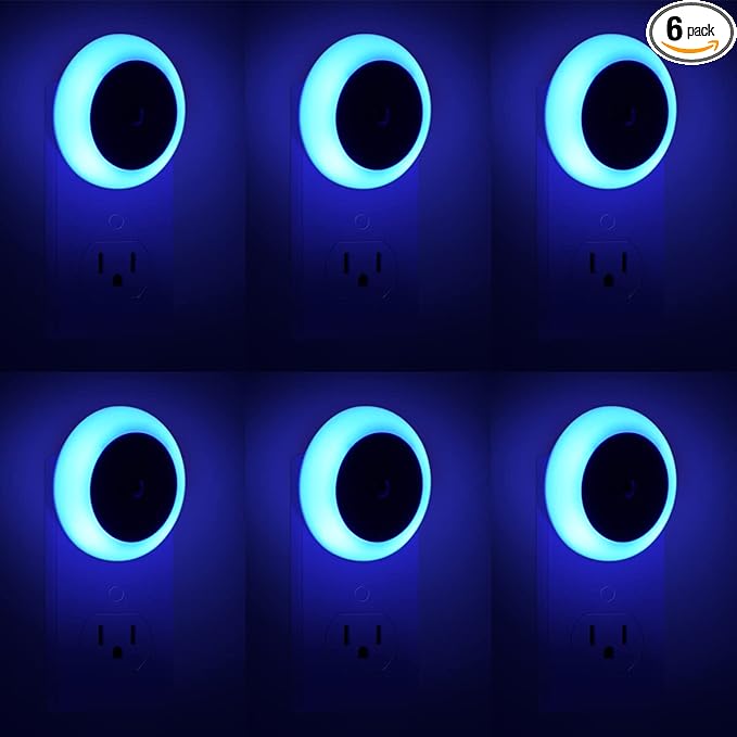 KINUR 6 Pack Blue, LED Night Lights Plug into Wall with Dusk to Dawn sensors, Plug in Night Lights for Kids Room, Bedroom, Bathroom, Baby Nursery,Stair Lights, Hallway Light