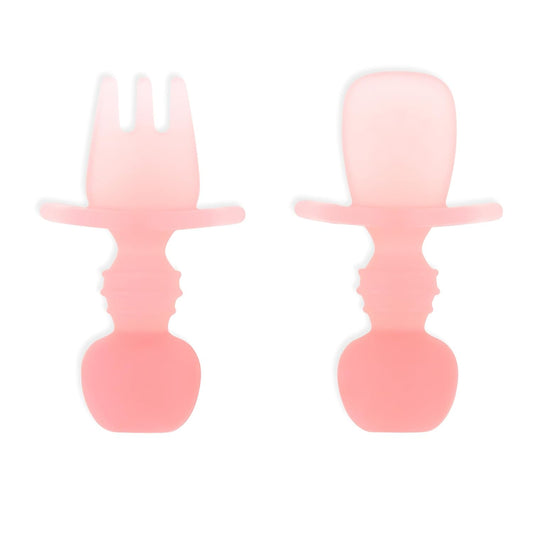 Bumkins Baby Utensils Set, Chewtensils Silicone Spoons for Dipping, Self-Feeding, Baby Led Weaning, Trainer Learning, First Stage Eating, Soft Practice Fork and Spoon, Babies 6 Months, Pink Jelly