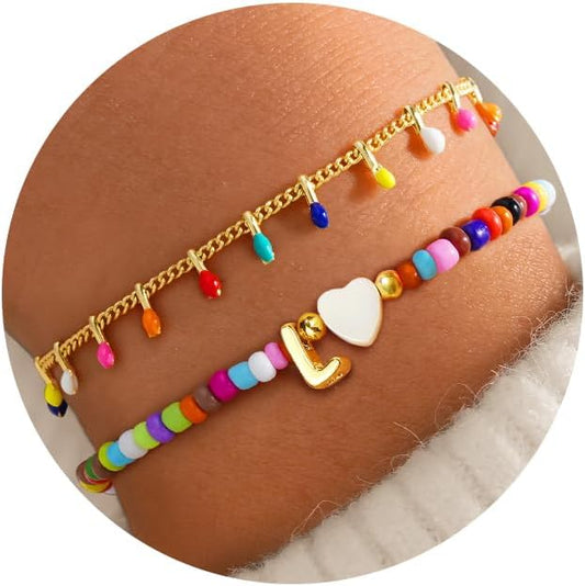 Turandoss Colorful Beaded Bracelets for Women - Trendy Boho Layered Bracelet Cute Charm Bracelets for Teen Girls Summer Gifts Jewrly