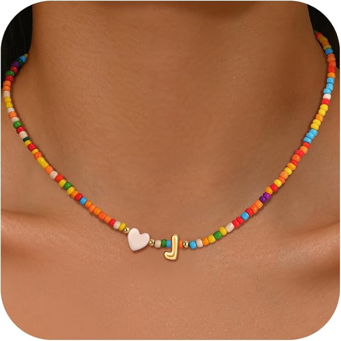Colorful Initial Necklaces for Girls Women, 14K Gold Plated Bubble Initial Pendant Heart Shell Necklace Jewelry Christmas Gifts for Teen Girls Kids