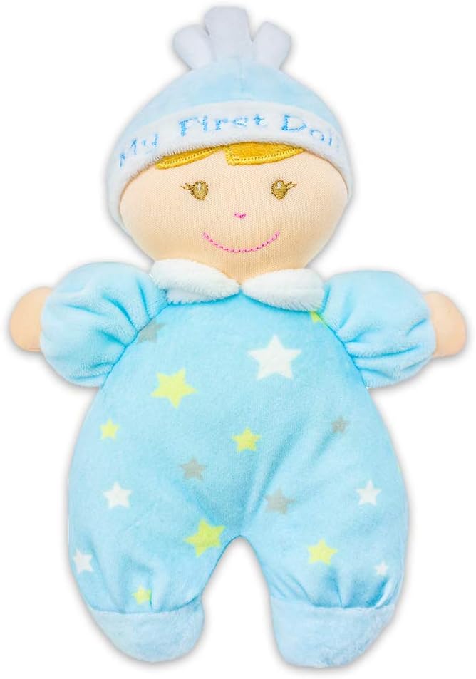 June Garden 9" My First Doll Noah - Soft Plush Baby Doll with Rattle - Baby Blue Outfit