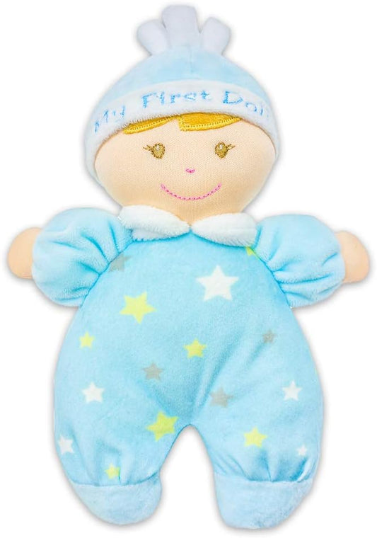 June Garden 9" My First Doll Noah - Soft Plush Baby Doll with Rattle - Baby Blue Outfit
