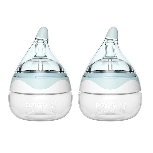 POTATO Glass Baby Bottles for Newborn Babies, Anti Colic Breastfeeding Bottle with Wide Neck, Slow Flow, 2pack, 2.5oz, Blue