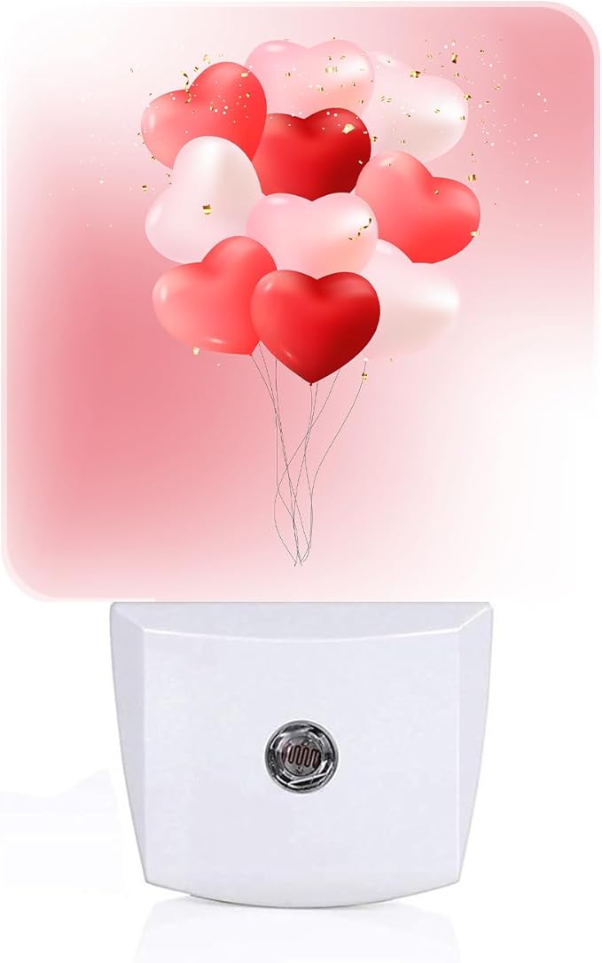 Pink Candy Heart Balloons Night Light,Plug-in Night Lights with Dusk-to-Dawn Sensor for Stairway,Hallway,Bedroom Sleep Friendly Ideal for Women/Girls/Boys Gift,0.5w