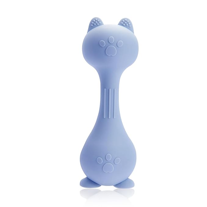 Baby Rattle Teething Toys Cat Silicone Teether Rattles for Baby 0-36 Months Food Grade Silicone (Blue)