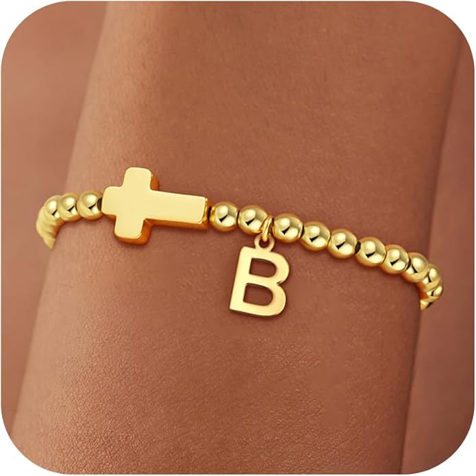 Gold Initial Bracelets for Women Girls - 18K Gold Plated Cross Initial Bracelet Dainty Beaded Bracelet Gold Bracelets for Women Teen Girl Gifts