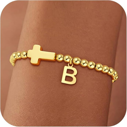 Gold Initial Bracelets for Women Girls - 18K Gold Plated Cross Initial Bracelet Dainty Beaded Bracelet Gold Bracelets for Women Teen Girl Gifts