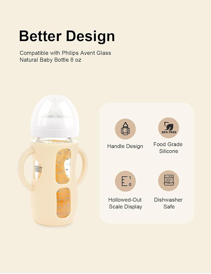 2-Pack Silicone Sleeves for Philips Avent Glass Bottles, BPA-Free Drop-Resistant Baby Bottle Sleeves with Handles, Compatible with Philips Avent Natural Glass Baby Bottles (8 oz)