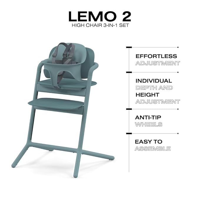 Cybex LEMO High Chair 3-in-1 Set with Baby Set + Snack Tray - Modern Design, One-Hand Depth & Height Adjustment & Anti-Tip Wheels - from 6 Months, Convertible to Adult Chair, Stone Blue