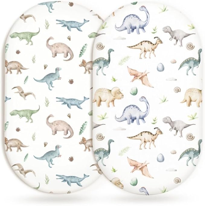 Bassinet Sheets for Baby Girls Boys 2 Pack, Fitted Baby Mattress Sheet for Rectangle, Oval, Hourglass Bassinet Mattress, Breathable Cozy & Universal Fit (Dino Pals)