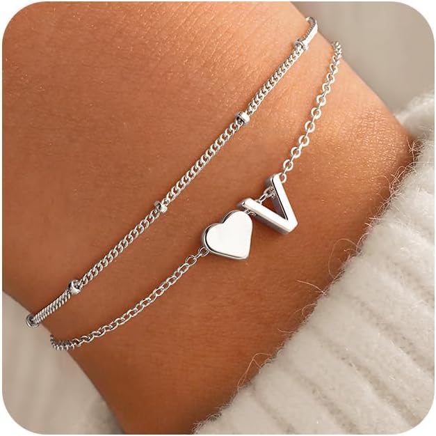 M MOOHAM Initial Heart Bracelets for Women - Layered Dainty 14K-Gold-Plated Heart Letter A-Z Charm Bracelets for Women, Chain Link Charm Bracelets Beaded Bracelets Birthday Gifts Womens Jewelry