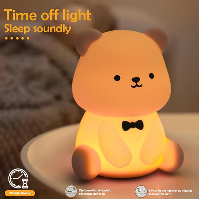 S NMT Silicone Teddy Bear Night Light for Kids Room, Rechargeable 7 Colors Changeable 3 Level Brightness Timing Sleeping Lamp Kawaii Nursery Night Lights for Kids Room Gift Decor