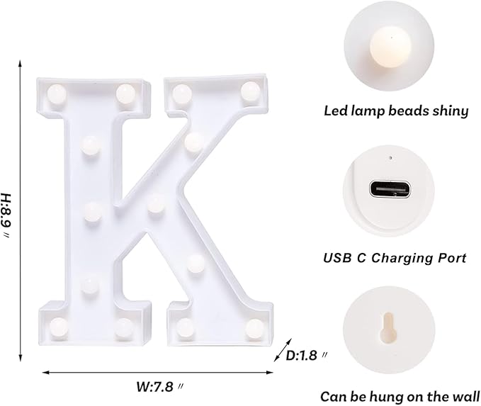 Foaky Rechargeable LED Letter Lights Sign Marquee Light Up Letters Sign for Night Light Wedding/Birthday Party Christmas Lamp Home Bar Decoration (K)