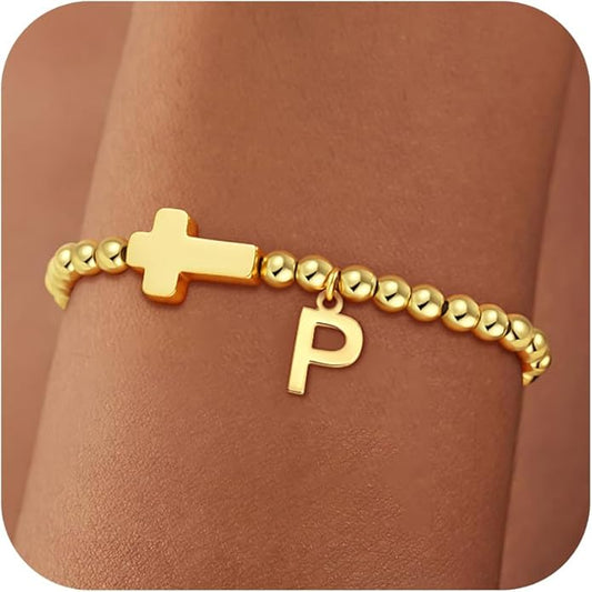 Gold Initial Bracelets for Women Girls - 18K Gold Plated Cross Initial Bracelet Dainty Beaded Bracelet Gold Bracelets for Women Teen Girl Gifts