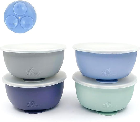 Elk and Friends Stainless Steel Bowls with Silicone Sleeve for Babies & Toddlers | Lids Included | Stay Put Suction | Cereal & Snack Bowls | 4 Pack