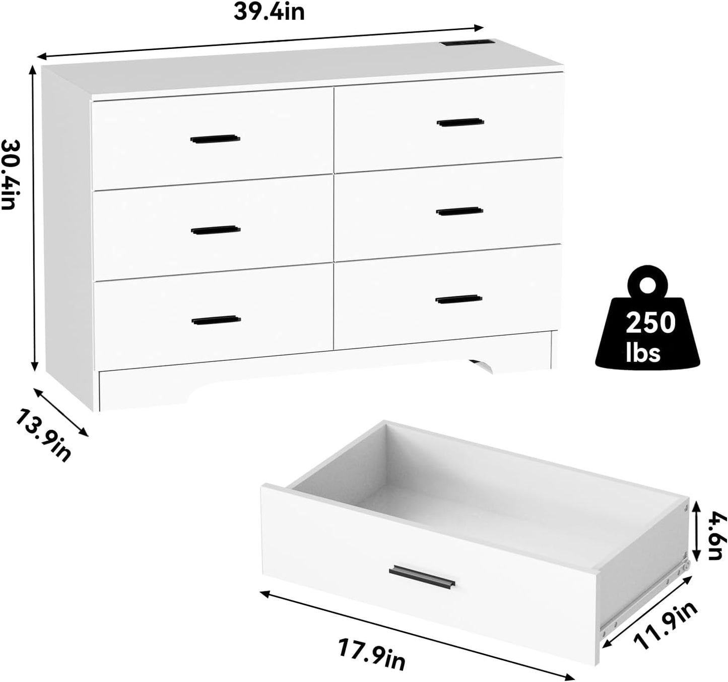 Dresser with Power Outlets Wooden 6 Drawer Dresser with USB and Type C Port Chest of Drawers for Bedroom Tall White Storage Organizer for Living Room Hallway Closet