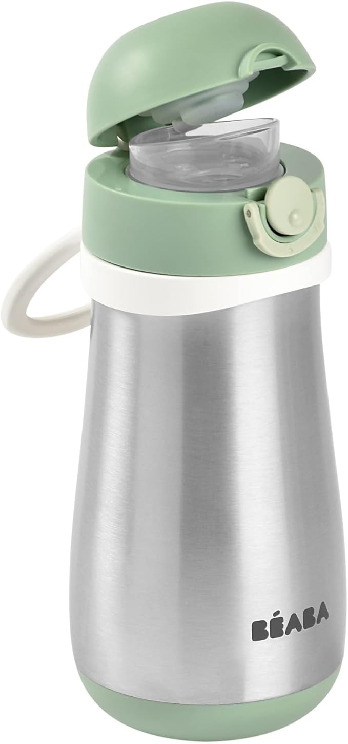 BEABA Kids Stainless Steel Insulated Water Bottle, Kids Water Bottle, Toddler Thermos with Spill Proof Spout and Close Top, Perfect for Travel, (Sage)