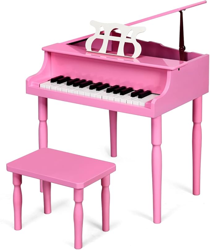 HONEY JOY Classical Kids Piano, 30-Key Mini Grand Piano with Music Stand and Bench, Wooden Musical Instrument Toy w/Lid & Music Rack, Gift for Boys Girls Ages 3+ (Pink)