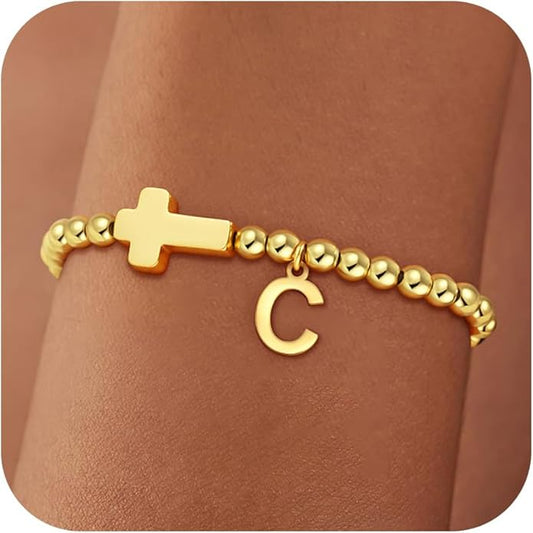 Gold Initial Bracelets for Women Girls - 18K Gold Plated Cross Initial Bracelet Dainty Beaded Bracelet Gold Bracelets for Women Teen Girl Gifts