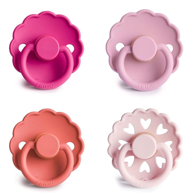 FRIGG Natural Rubber Baby Pacifier 4-Pack Rosy Romance | Made in Denmark | BPA-Free (0-6 Months)