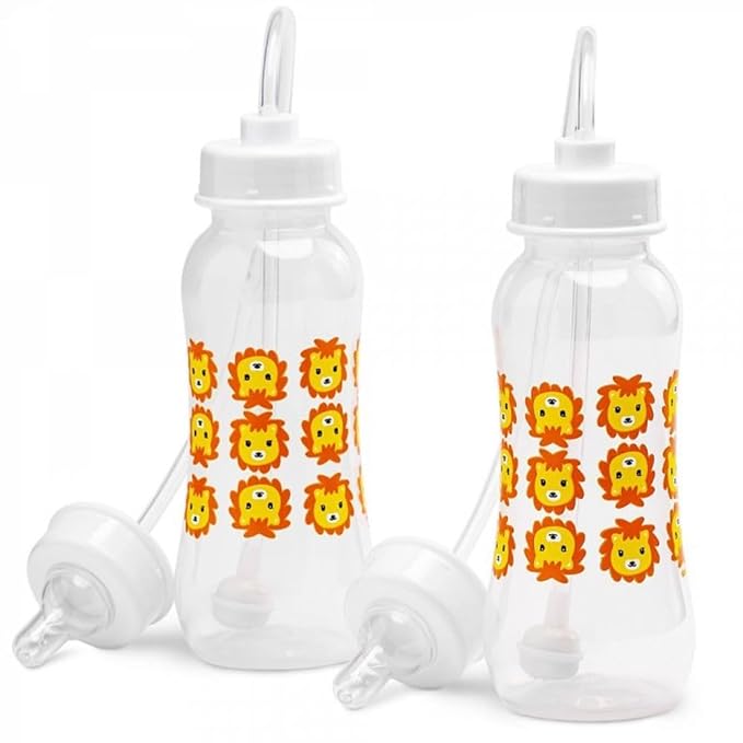 Hands-Free Baby Bottle - Anti-Colic Nursing System 9 oz Baby Bottle with Fast Flow Nipple/Teat 3m+ Infant with Tube Straw Feeding System for Toddler (2 Bottles - Lion)