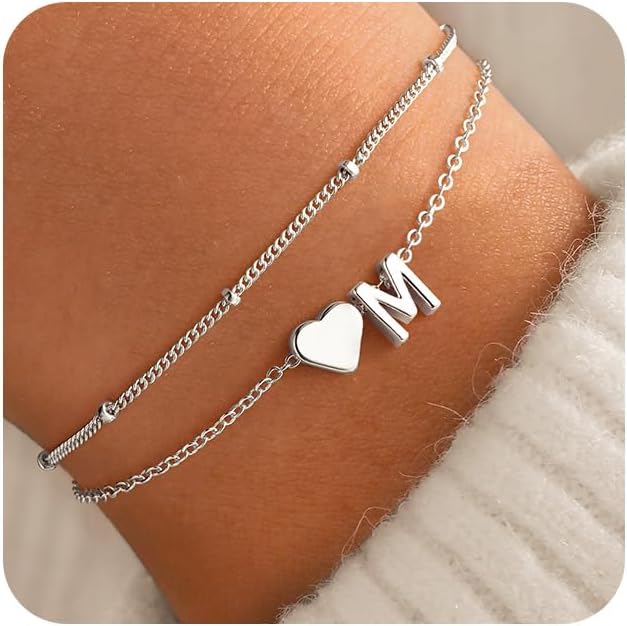 M MOOHAM Initial Heart Bracelets for Women - Layered Dainty 14K-Gold-Plated Heart Letter A-Z Charm Bracelets for Women, Chain Link Charm Bracelets Beaded Bracelets Birthday Gifts Womens Jewelry