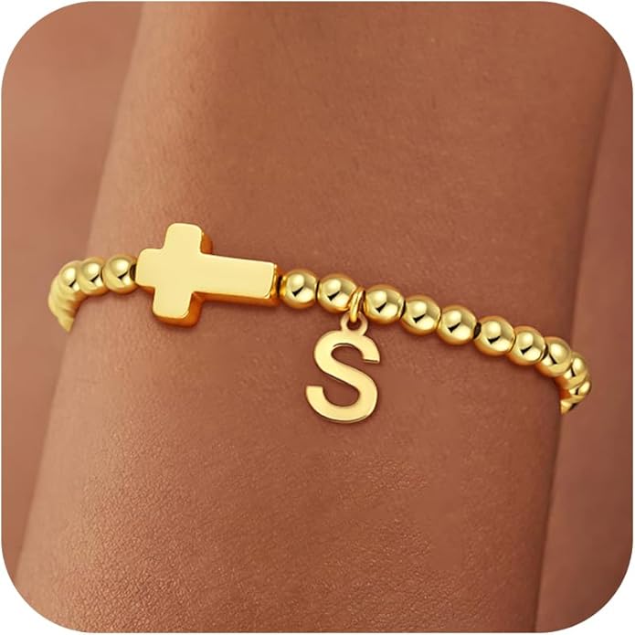 Gold Initial Bracelets for Women Girls - 18K Gold Plated Cross Initial Bracelet Dainty Beaded Bracelet Gold Bracelets for Women Teen Girl Gifts