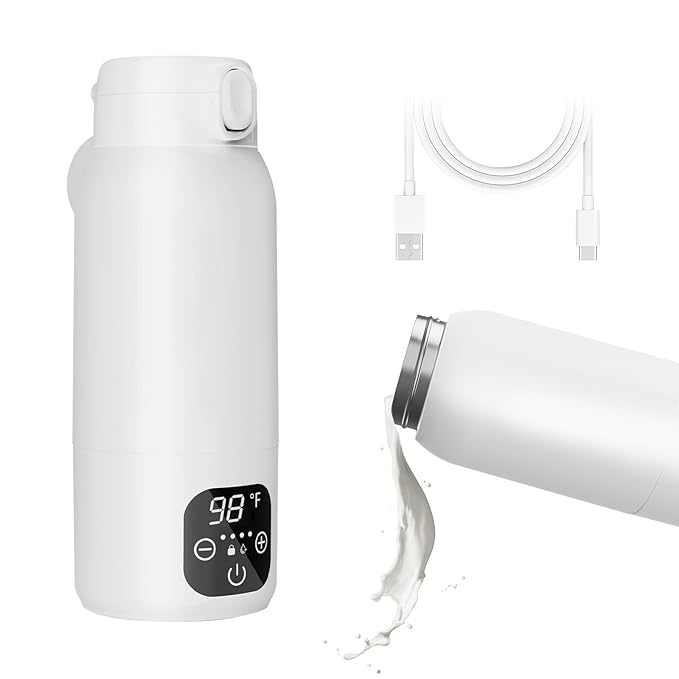 Portable Bottle Warmer for Travel - 3-Min Fast Heating for Breast Milk, Formula & Water, 17oz Large 316L Stainless Steel Flask, Long Battery Life, Precise Temp Control for Car/Airplane