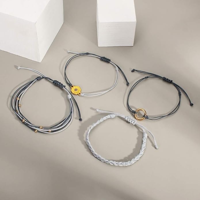 FANCY SHINY Sunflower String Bracelet Boho Braided Rope Wrap Bracelets Cute Summer Beach Surfer Jewelry for Women Christmas Gifts