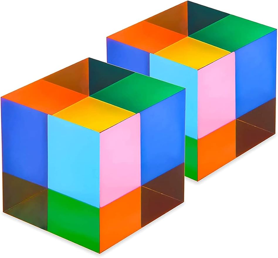 CMY Color Cube, 40mm (1.6 inch) Multi-Color Acrylic Prism, Physics Toy and Desktop Decor, 2 Pack