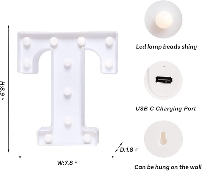 Foaky Rechargeable LED Letter Lights Sign Marquee Light Up Letters Sign for Night Light Wedding/Birthday Party Christmas Lamp Home Bar Decoration (T)