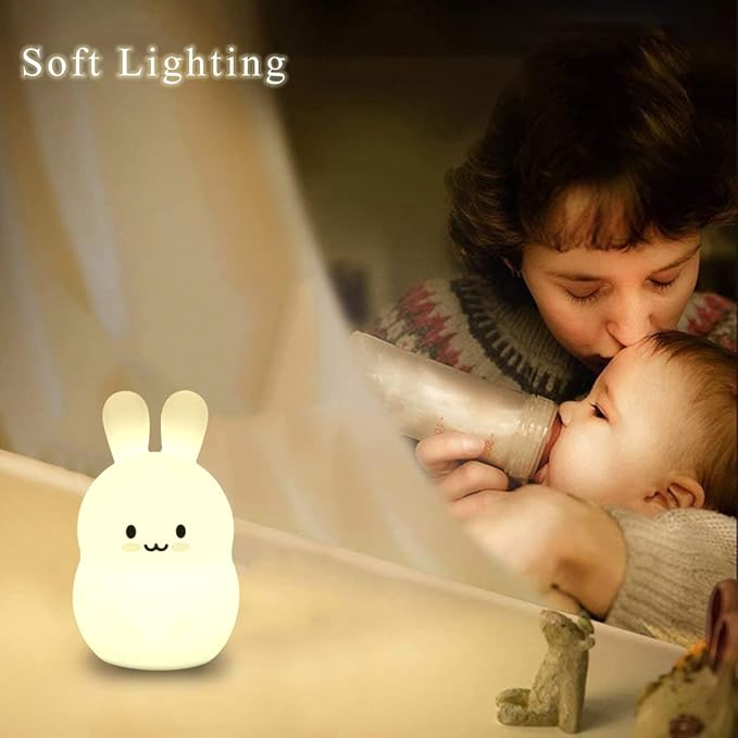 WHA&DARREN Large Rabbit Night Light for Kids,Cute Baby Night Light, Silicone Bedside Lamp,Sleep LED Lights, Eye Caring, Adjustable Brightness & Color, Time Setting, Touch Control & Remote Control