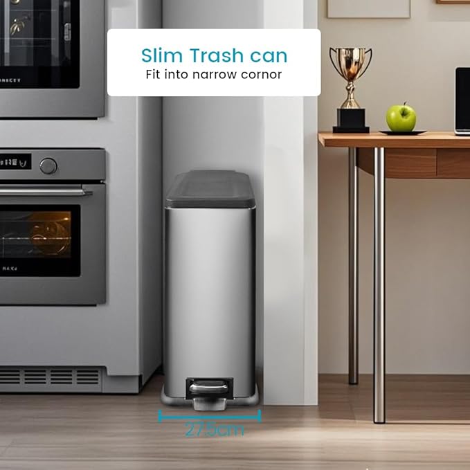 12 Gallon Trash Can with Lid，45L Kitchen Garbage Can,Stainless Steel Trash Can for Narrow Spaces with Soft-Close Lid, Inner Bucket, and Step-on Pedal