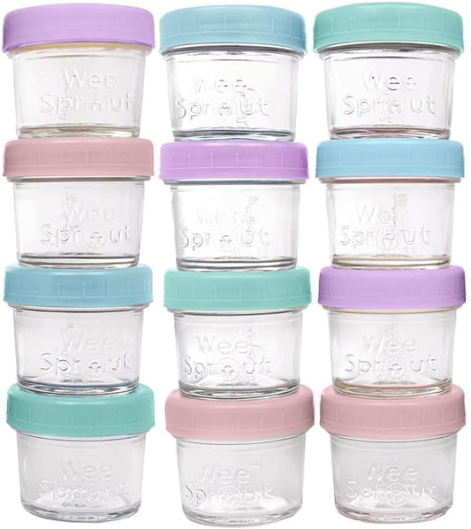 WeeSprout Baby Food Storage Glass Jars w/Lids (4 oz, 12 Pack) Pastel Variety, Snack, Reusable Small Containers, Fridge or Freezer, Microwave & Dishwasher Safe, Essentials for Infants