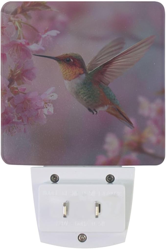 Aslsiy Night Light for Kids Hummingbird Hovering Near Blooming Cherry Flower Plug in Wall Lamp LED Dusk to Dawn Sensor Energy Saving Nightlight for Boys Girls Men Women