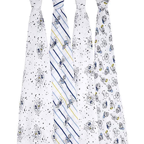 aden + anais Disney, Swaddle Blanket, Boutique Muslin Blankets for Baby Girls and Boys, Newborn Receiving Blanket for Swaddling, 100% Cotton Baby Swaddle Wrap, 4 Pack, Mickey Stargazer