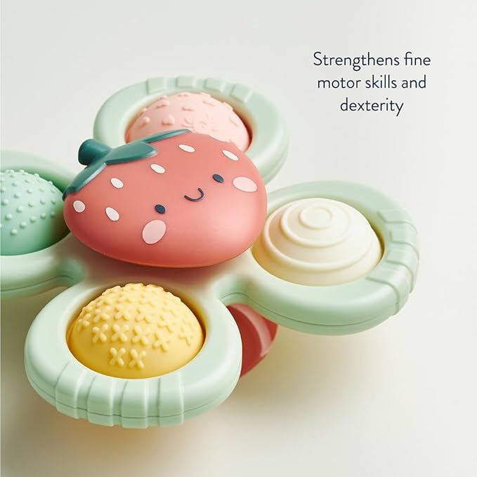 Itzy Ritzy Pop & Whirl – Fidget Spinner Travel & Bath Toy for Babies & Toddlers – Fidget w/Textured Silicone Popper to Develop Fine Motor Skills –Sticks to Highchairs, Tables, Tubs, More (Strawberry)