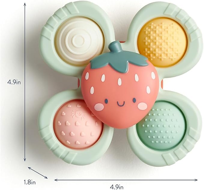 Itzy Ritzy Pop & Whirl – Fidget Spinner Travel & Bath Toy for Babies & Toddlers – Fidget w/Textured Silicone Popper to Develop Fine Motor Skills –Sticks to Highchairs, Tables, Tubs, More (Strawberry)