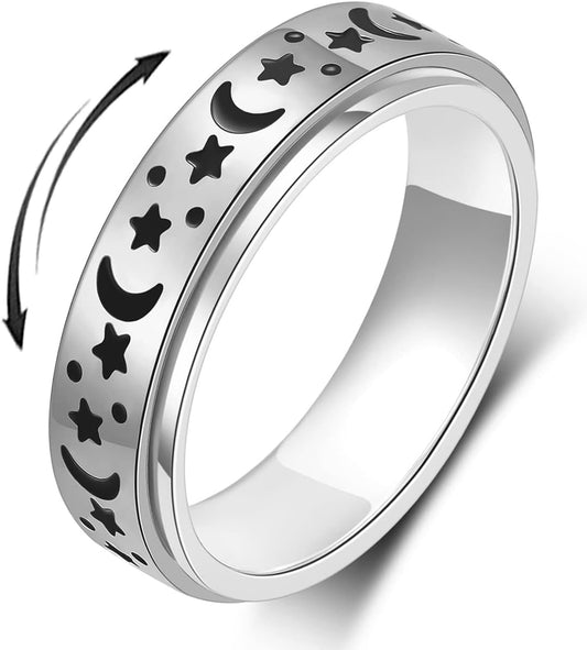 Anxiety Ring for Women Men, Titanium Stainless Steel Spinner Ring, 5 Colors, 6MM, Size 6-10, 3 Styles Anxiety Ring-Moon Star, Sandblasted Finished, Hollow Outer