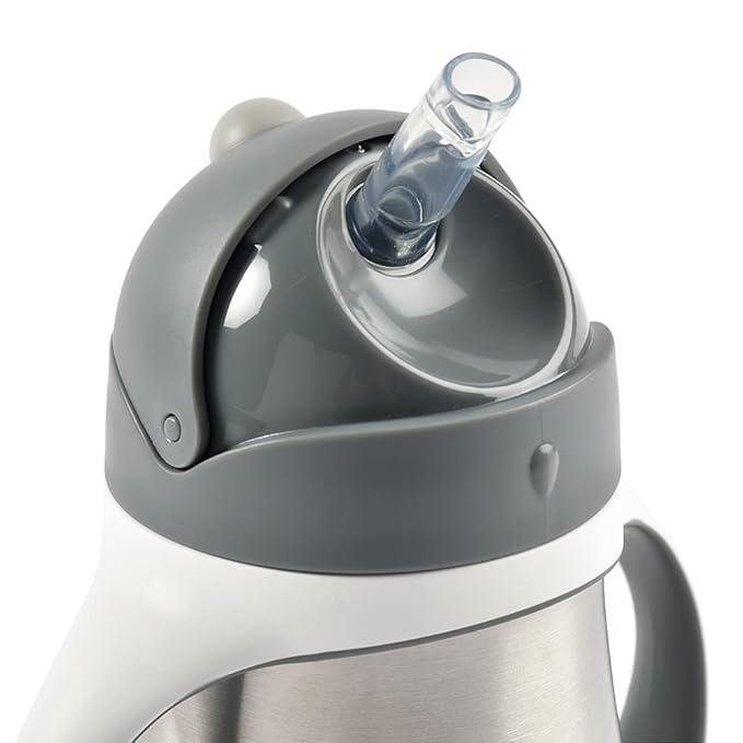 BEABA Stainless Steel Straw Sippy Cup, Insulated Toddler Cups Spill Proof with Removable Handles, Made with High Grade Stainless Steel, 8+ months, 8.5 oz, Charcoal