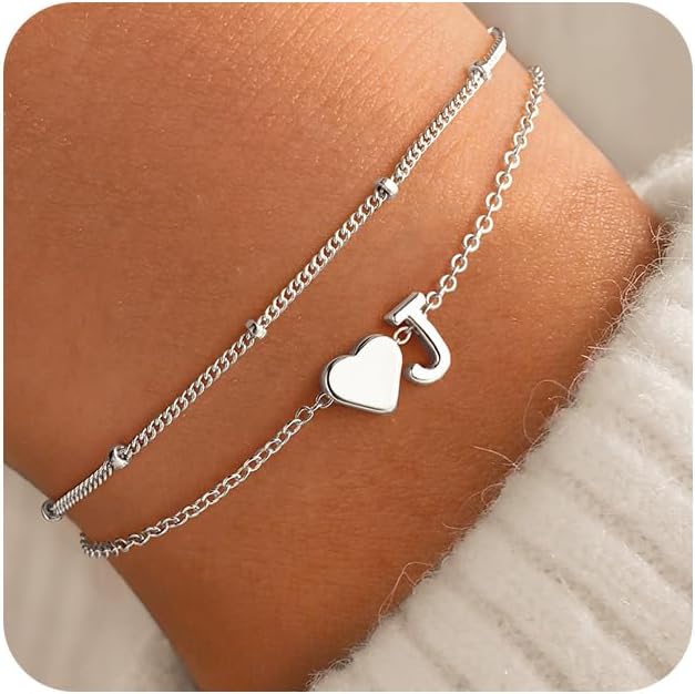 M MOOHAM Initial Heart Bracelets for Women - Layered Dainty 14K-Gold-Plated Heart Letter A-Z Charm Bracelets for Women, Chain Link Charm Bracelets Beaded Bracelets Birthday Gifts Womens Jewelry