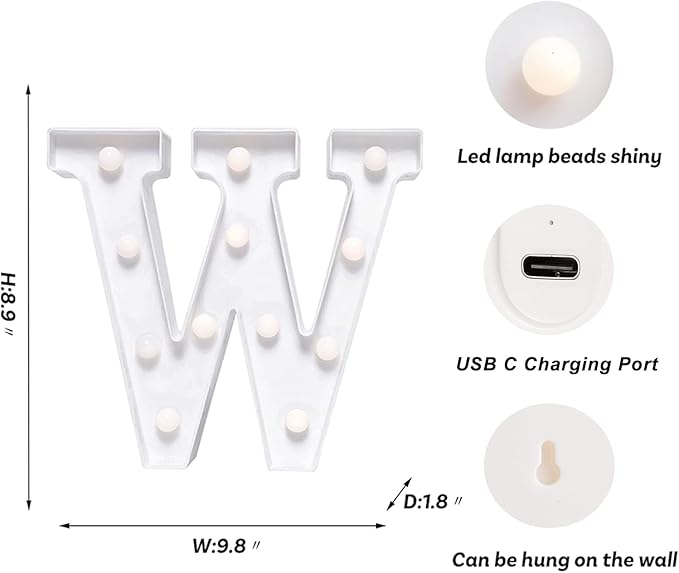 Foaky Rechargeable LED Letter Lights Sign Marquee Light Up Letters Sign for Night Light Wedding/Birthday Party Christmas Lamp Home Bar Decoration (W)