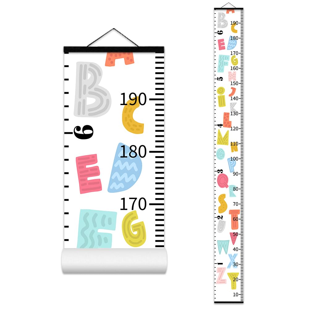 Colorful Alphabet Growth Chart for Kids Baby Height Chart Ruler Removable Canvas Wooden Frame Hanging Wall Rulers Measurement Charts for Toddler Room Nursery Decor - 79"X7.9" with Black Wood