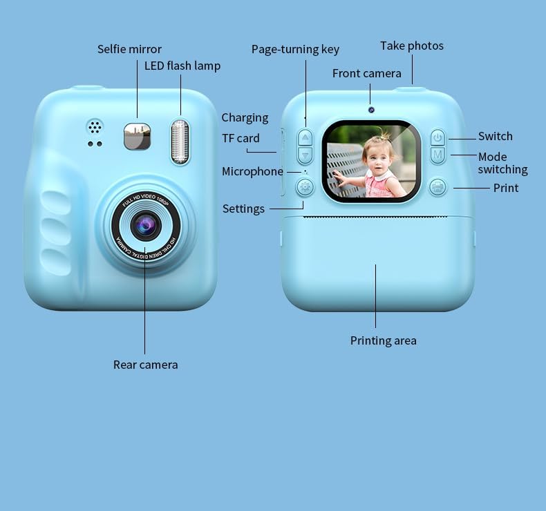 Instant Print Camera for Kids, 2.0" IPS Screen with Video Recording, 32GB Expandable, 1800mAh Battery, Includes 40+ Zink Paper, Birthday Gift for Girls Boys Age 3-12